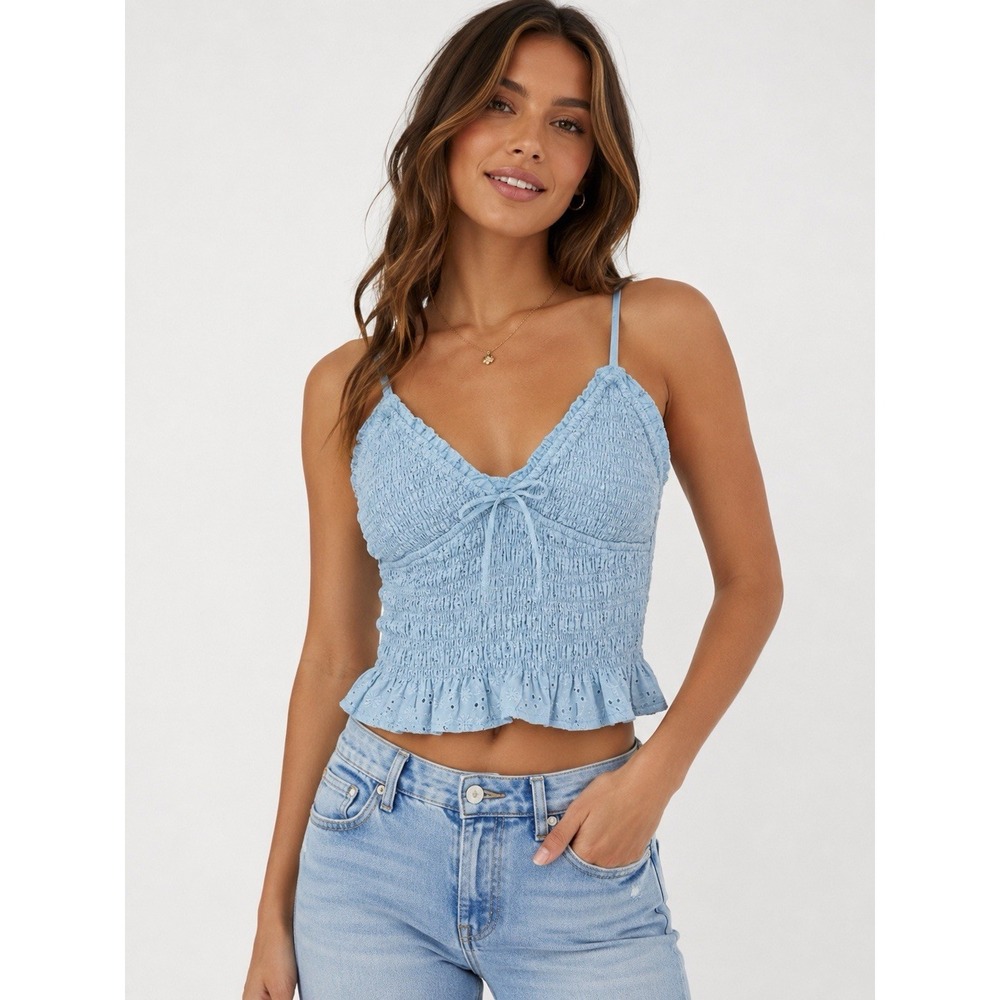 Aeropostale XL Blue Eyelet Smocked Cami Crop Top Peplum Coquette Y2K NWT